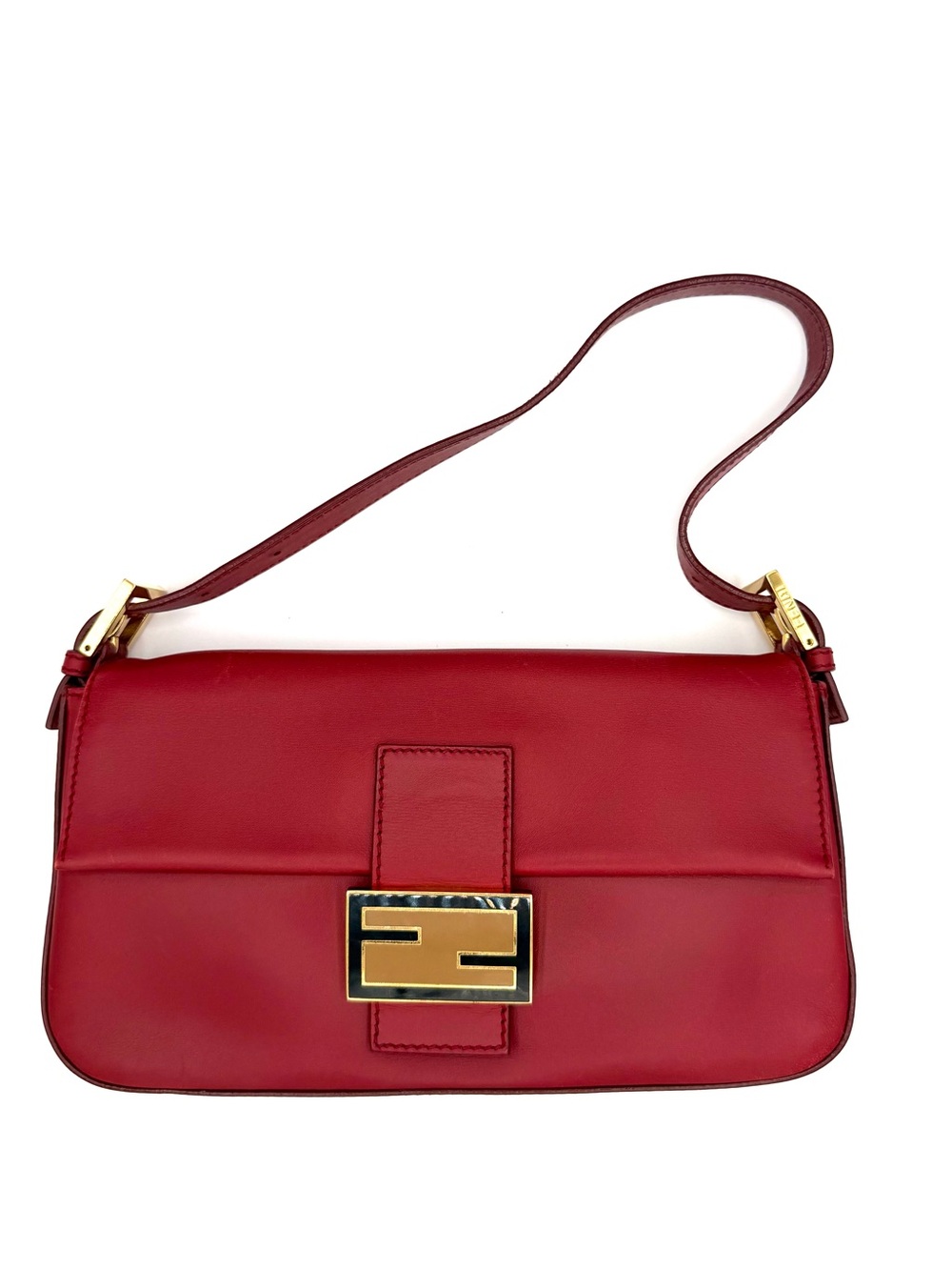 Fendi Red Leather Baguette Shoulder Bag with Gold Hardware